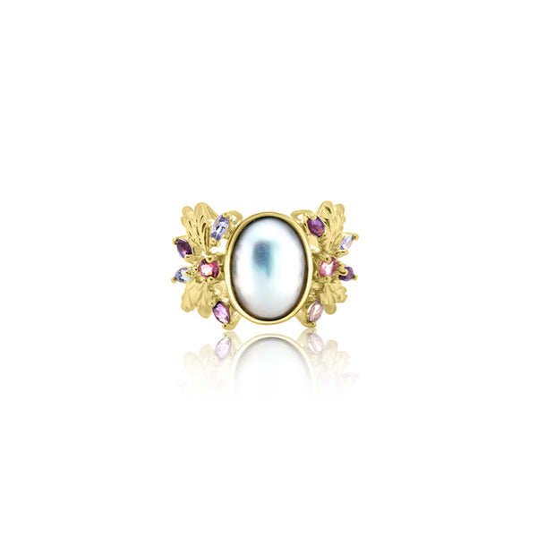 14K Yellow Gold Oval Pearl & Gem Ring