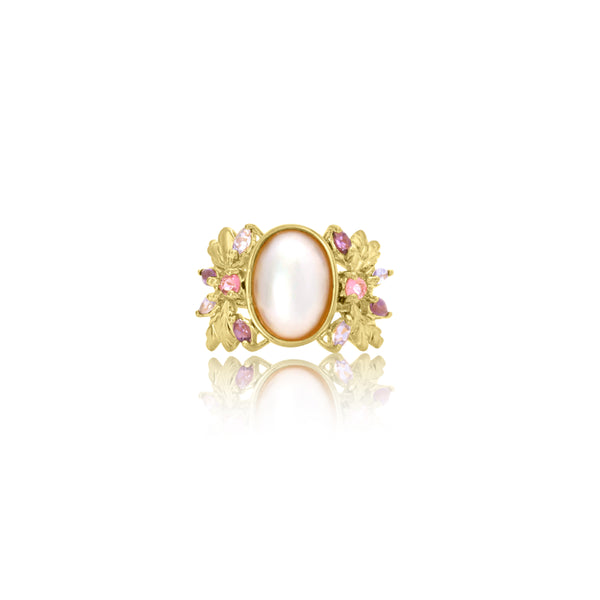 14K Yellow Gold Oval Pearl & Gem Ring