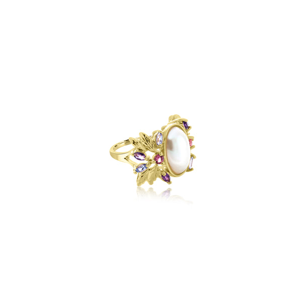 14K Yellow Gold Oval Pearl & Gem Ring