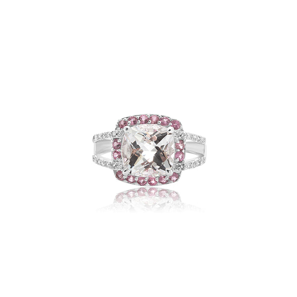 18K White Gold Split Shank Clear Pink Ring