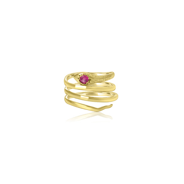 10K Yellow Gold Snake Ring Red