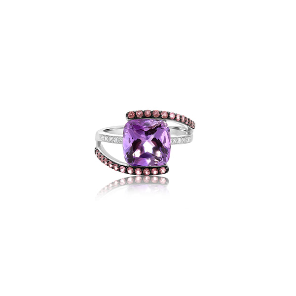 14K White Gold Amethyst Cushion Accent Ring