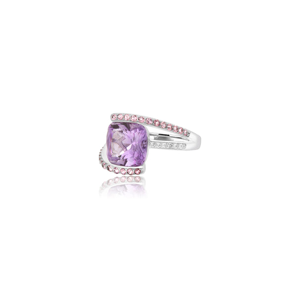 14K White Gold Amethyst Cushion Accent Ring