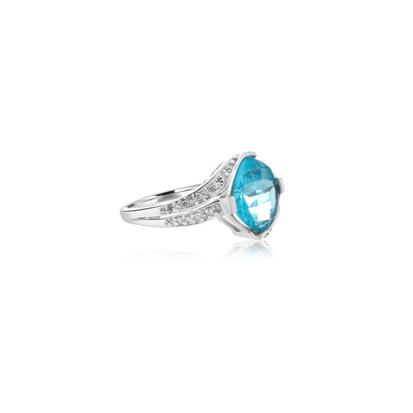 14K White Gold Cushion Checkered Blue Topaz Ring