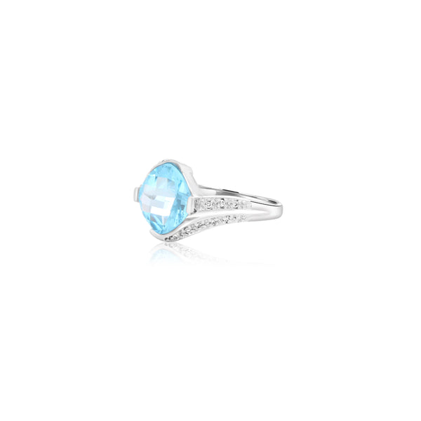 14K White Gold Cushion Checkered Blue Topaz Ring