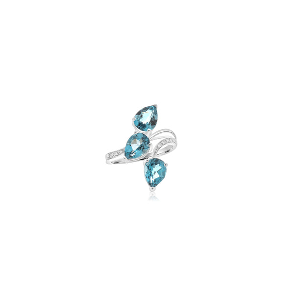 14K White Gold Triple Pear Blue Topaz Ring