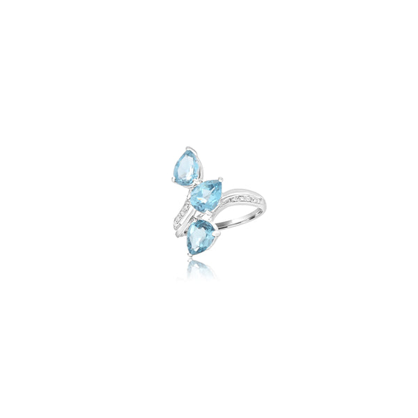 14K White Gold Triple Pear Blue Topaz Ring