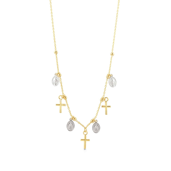 14k T-tone Cross & Madonna Necklace