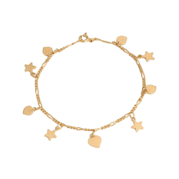 18k Yellow Gold Heart & Star Solid Drop Bracelet