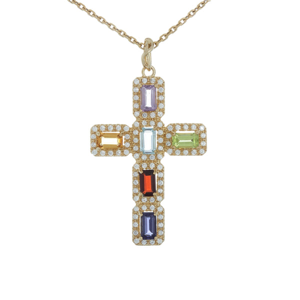 18k Yellow Gold Gemstone Cross Necklace