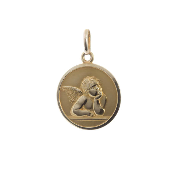 18k Yellow Gold Round Angel Medallion Raised Pendant