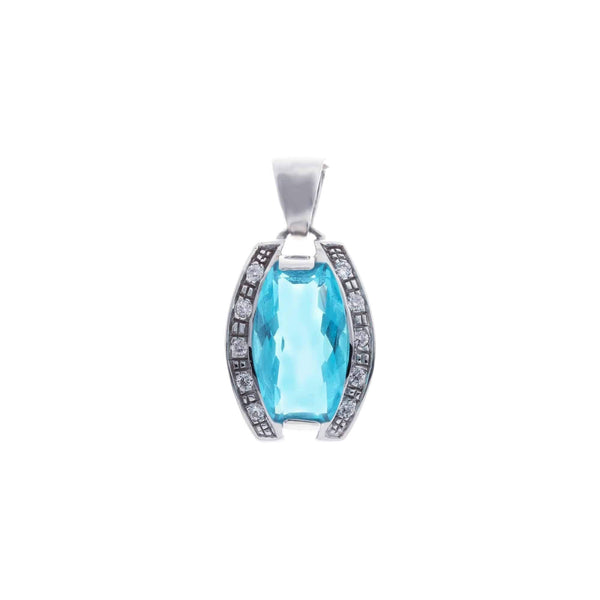 18k White Gold Checkard Blue Topaz Pendant